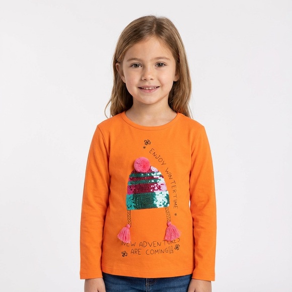 Losan Other - Vibrant Orange Kids Long Sleeve Tee with Sequin Hat Design